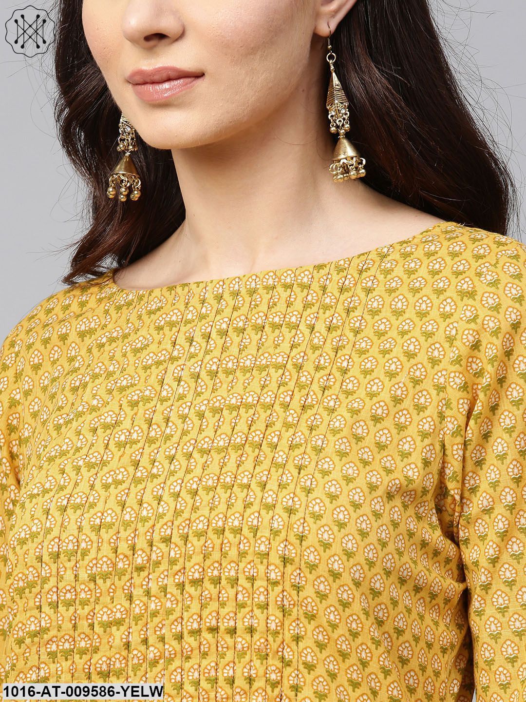 Yellow Printed Half Sleeve Cotton Straight Kurta