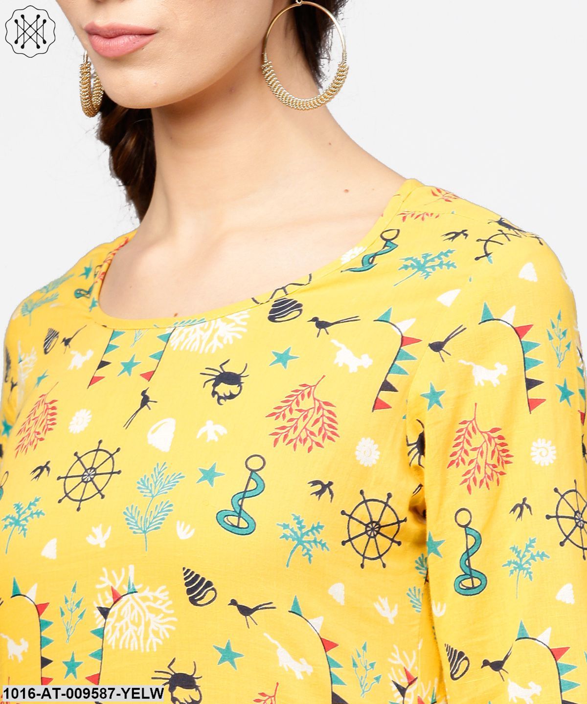 Yellow 3/4Th Sleeve Cotton Straight Kurta