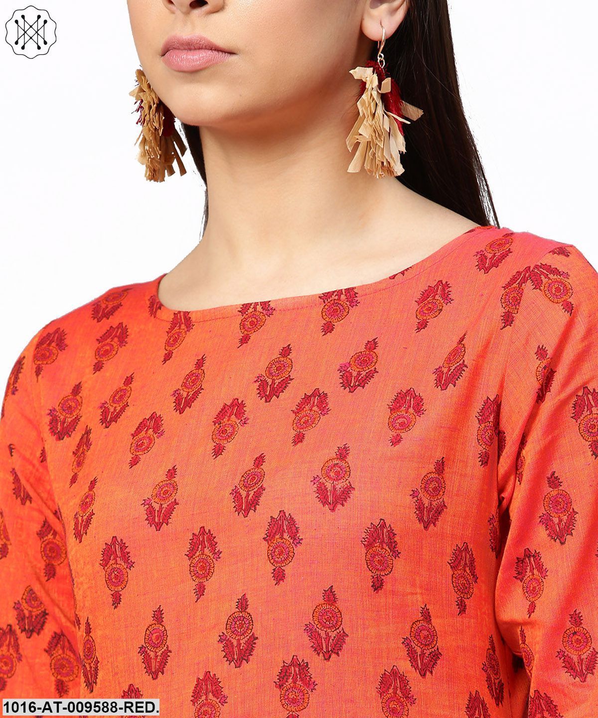Red Printed Full Sleeve Straight Cotton Kurta