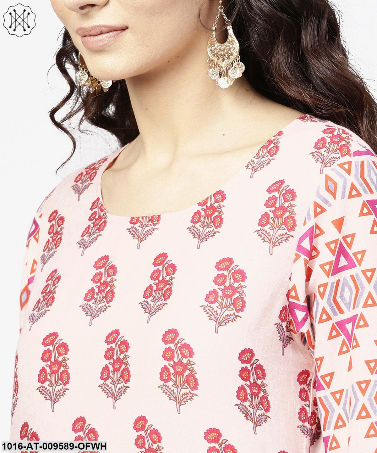 Off White Printed 3/4Th Sleeve Cotton Kurta