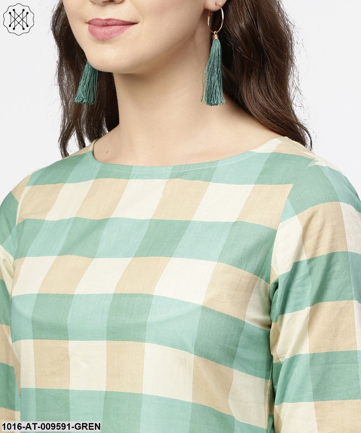 Green Checked Half Sleeve Cotton Kurta