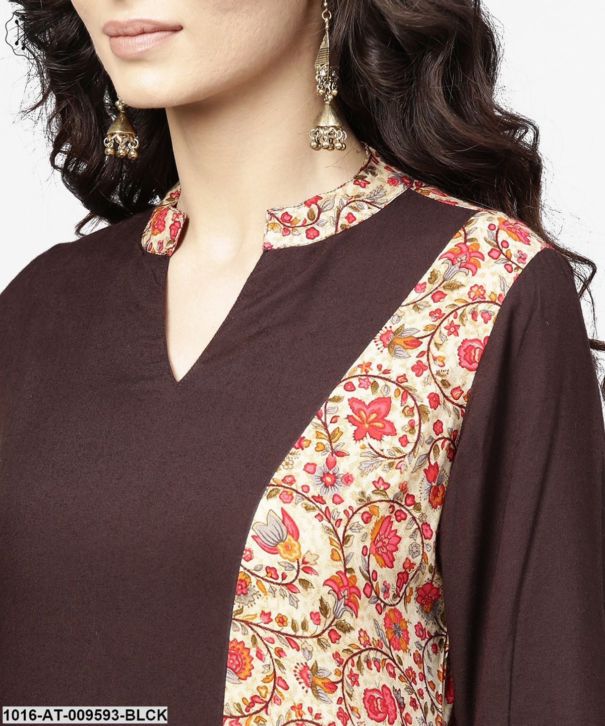 Black & Red Printed 3/4Th Sleeve Cotton Straight Kurta