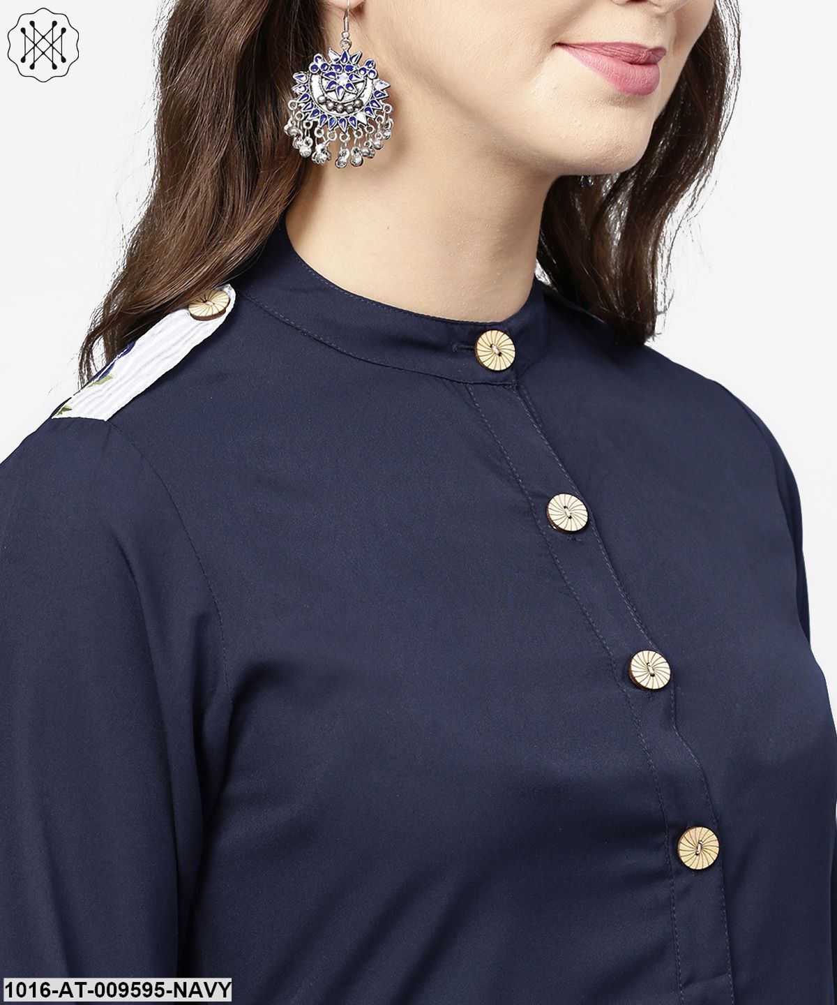 Navy Blue 3/4Th Sleeve Crepe A-Line Kurta With Button At Front