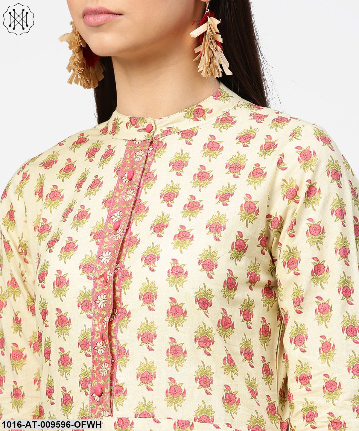 Off White Printed 3/4Th Sleeve Cotton Straight Kurta