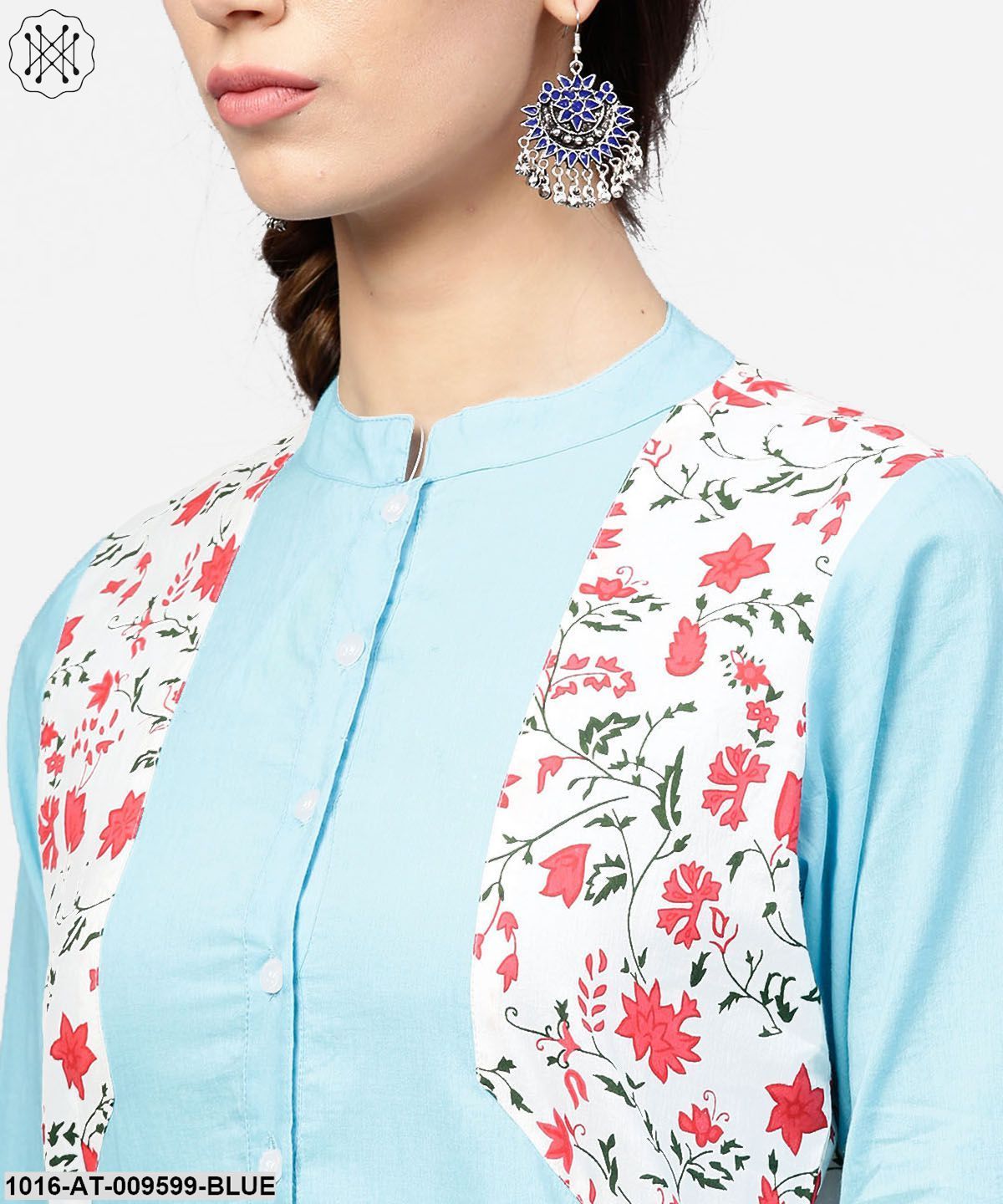 Blue 3/4Th Sleeve Cotton Floor Length Kurta