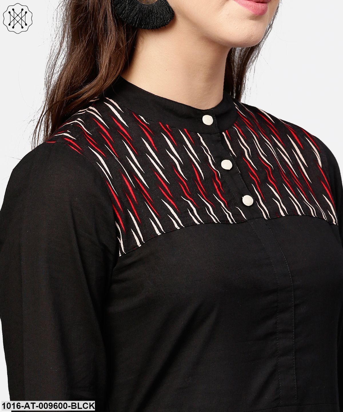 Black 3/4Th Sleeve Yoke Printed Straight Kurta