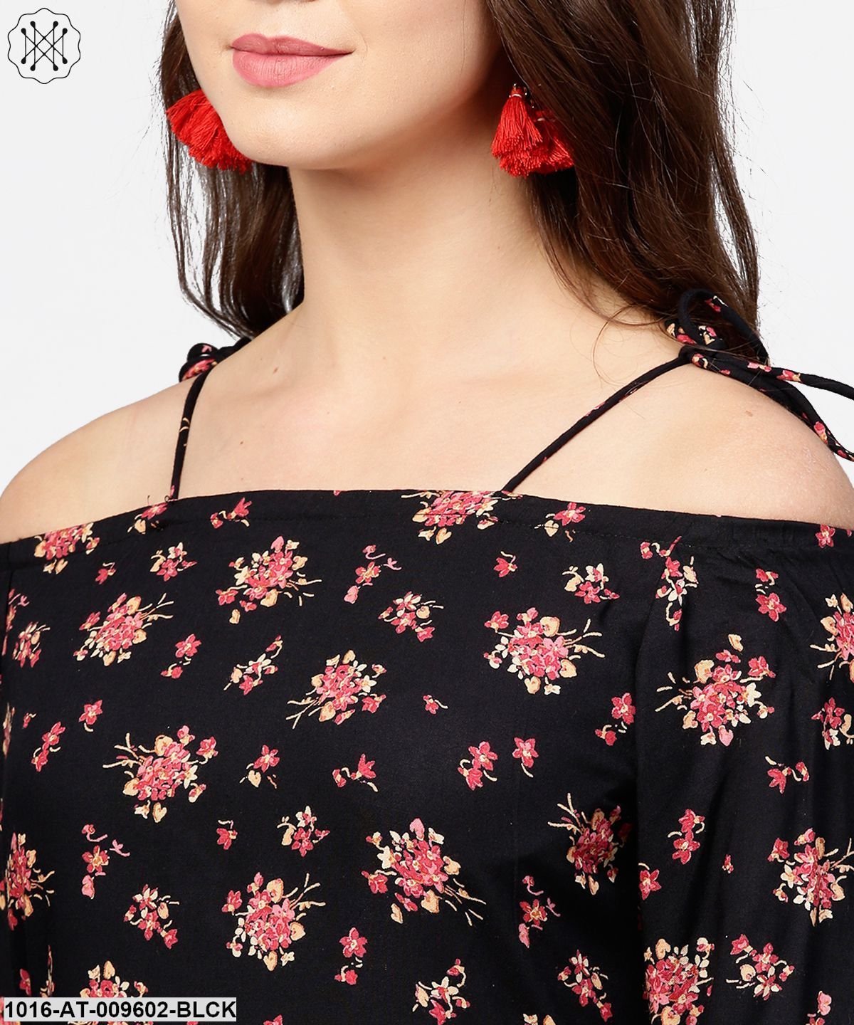 Black Printed 3/4Th Sleeve Cotton Kurta