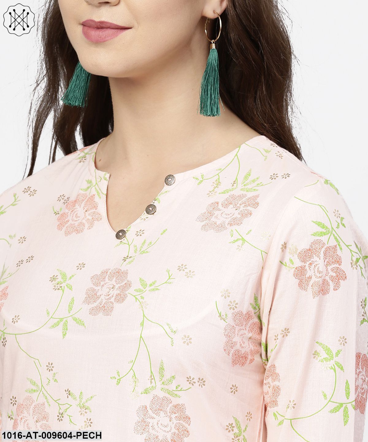 Peach 3/4Th Flared Sleeve Cotton Kurta