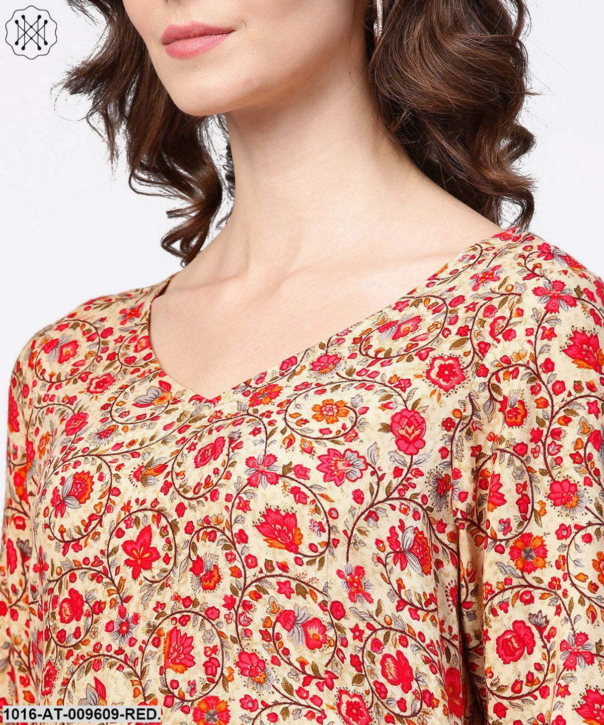 Red Printed 3/4Th Sleeve Cotton A-Line Kurta