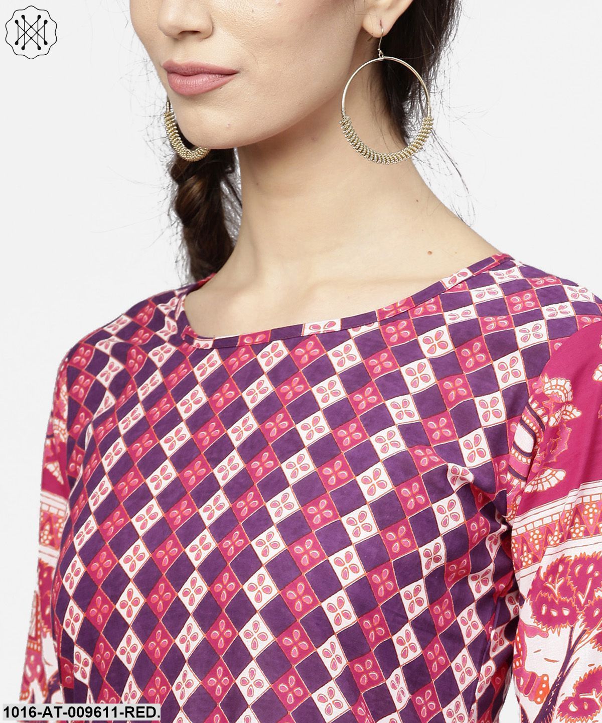 Red Printed 3/4Th Sleeve Cotton Floor Length Kurta