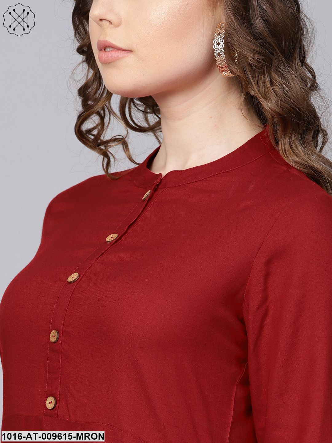 Rayon Half Sleeves Maroon Cowl Kurta With Front Placket & Madarin Collar