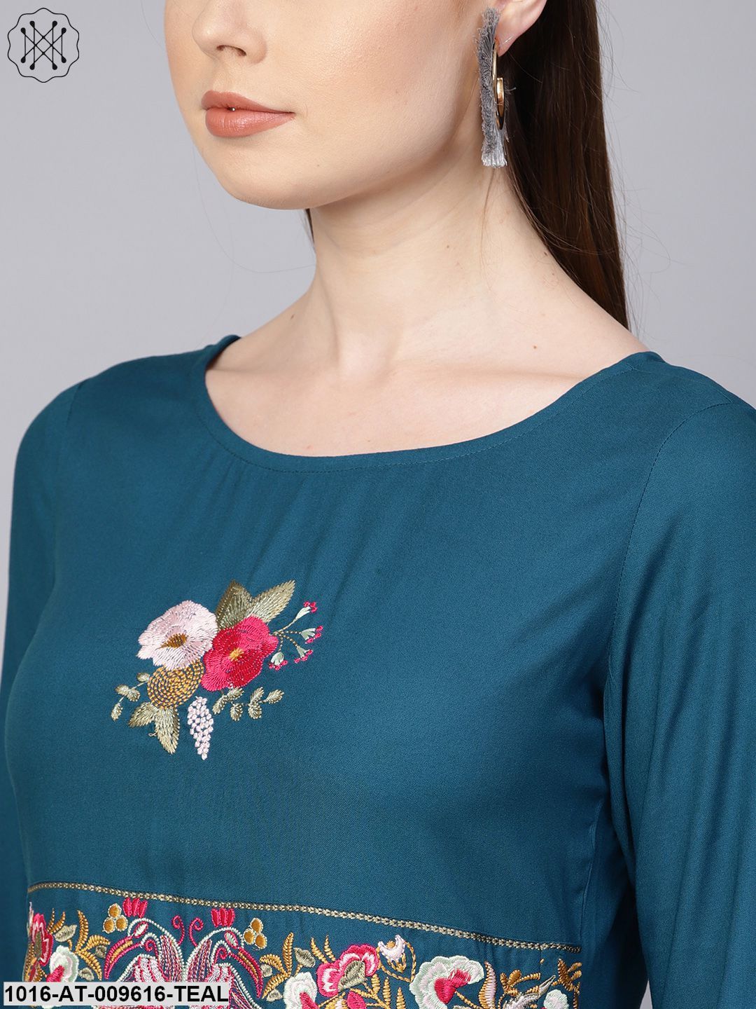 Rayon Teal Blue Embroidered Kurta With Round Neck & 3/4 Sleeves