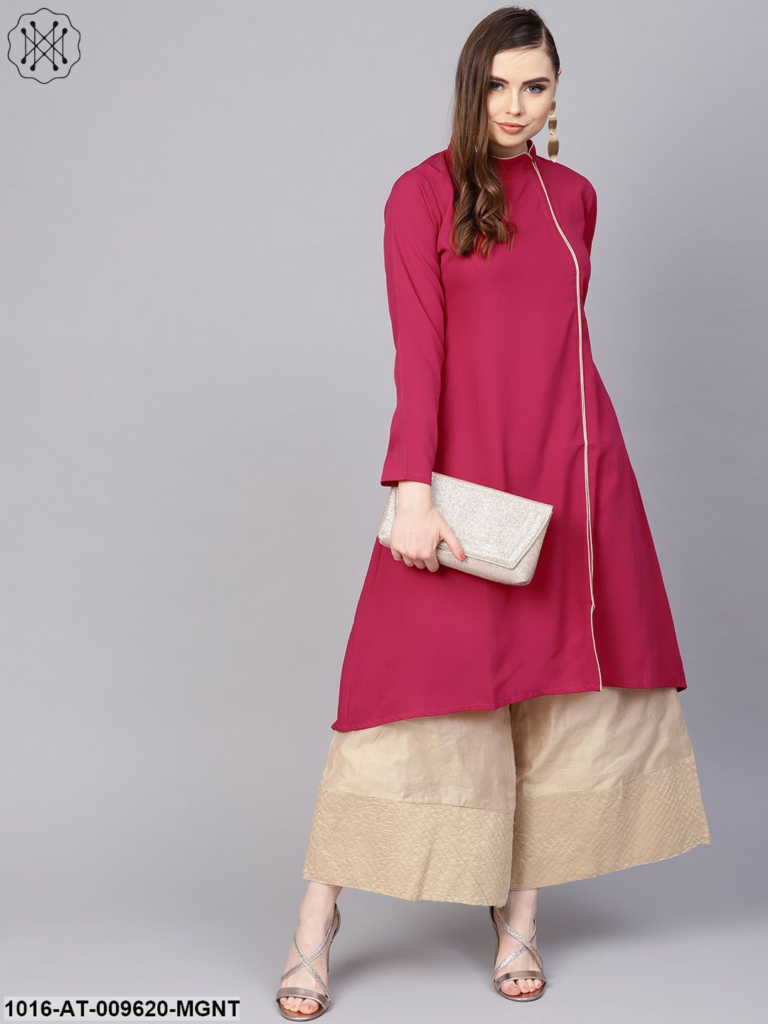 Solid Megenta Kurta With Side Slit & Roll Colllar