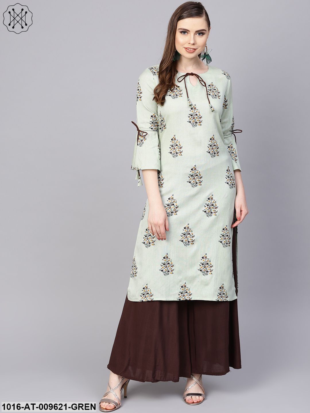 Pista Green Floral Printed Kurta With A Front Keyhole And Flared Sleeves