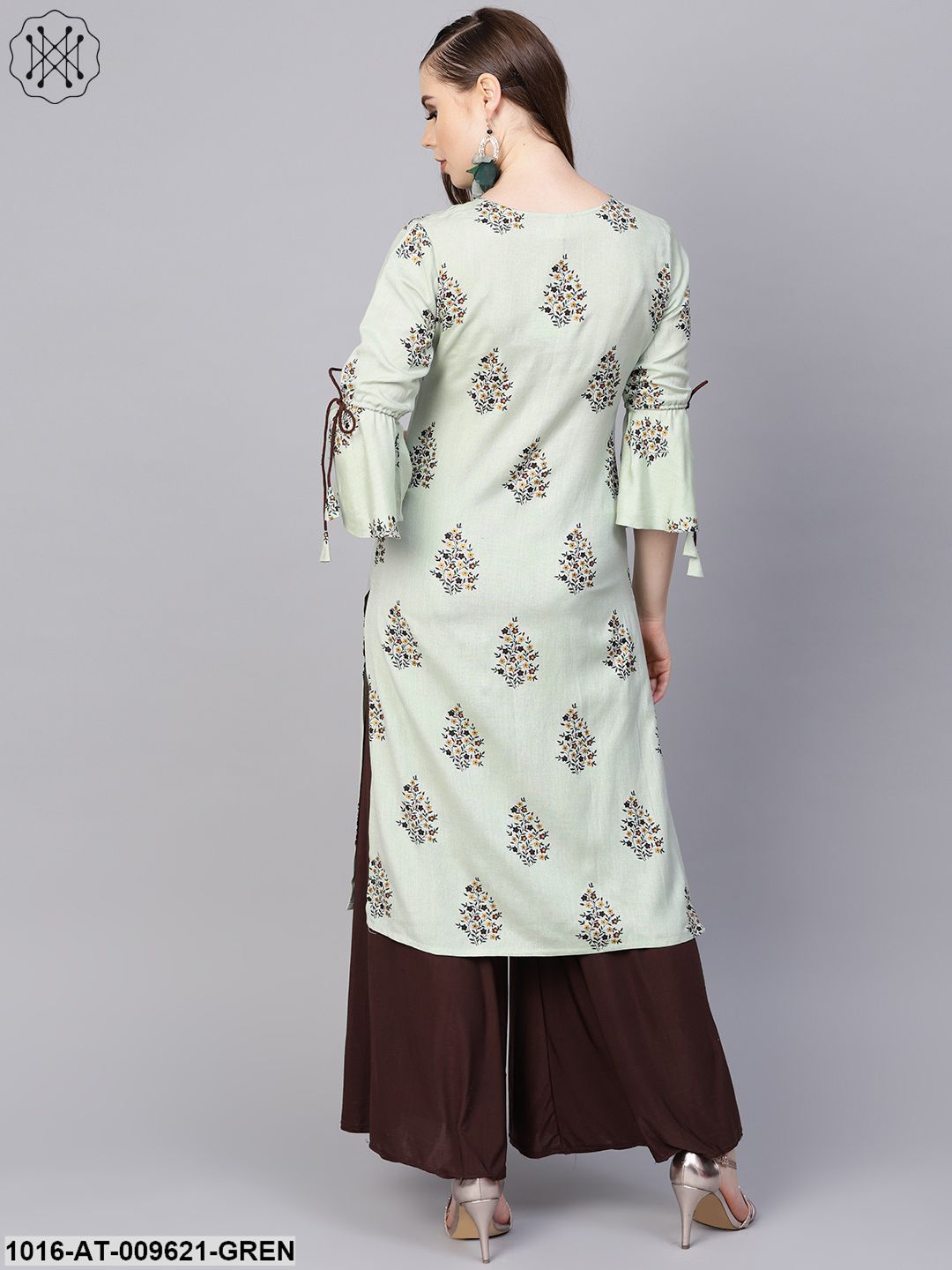Pista Green Floral Printed Kurta With A Front Keyhole And Flared Sleeves