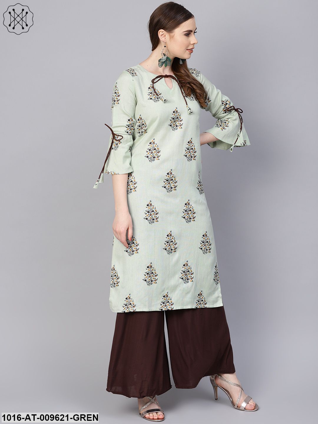 Pista Green Floral Printed Kurta With A Front Keyhole And Flared Sleeves