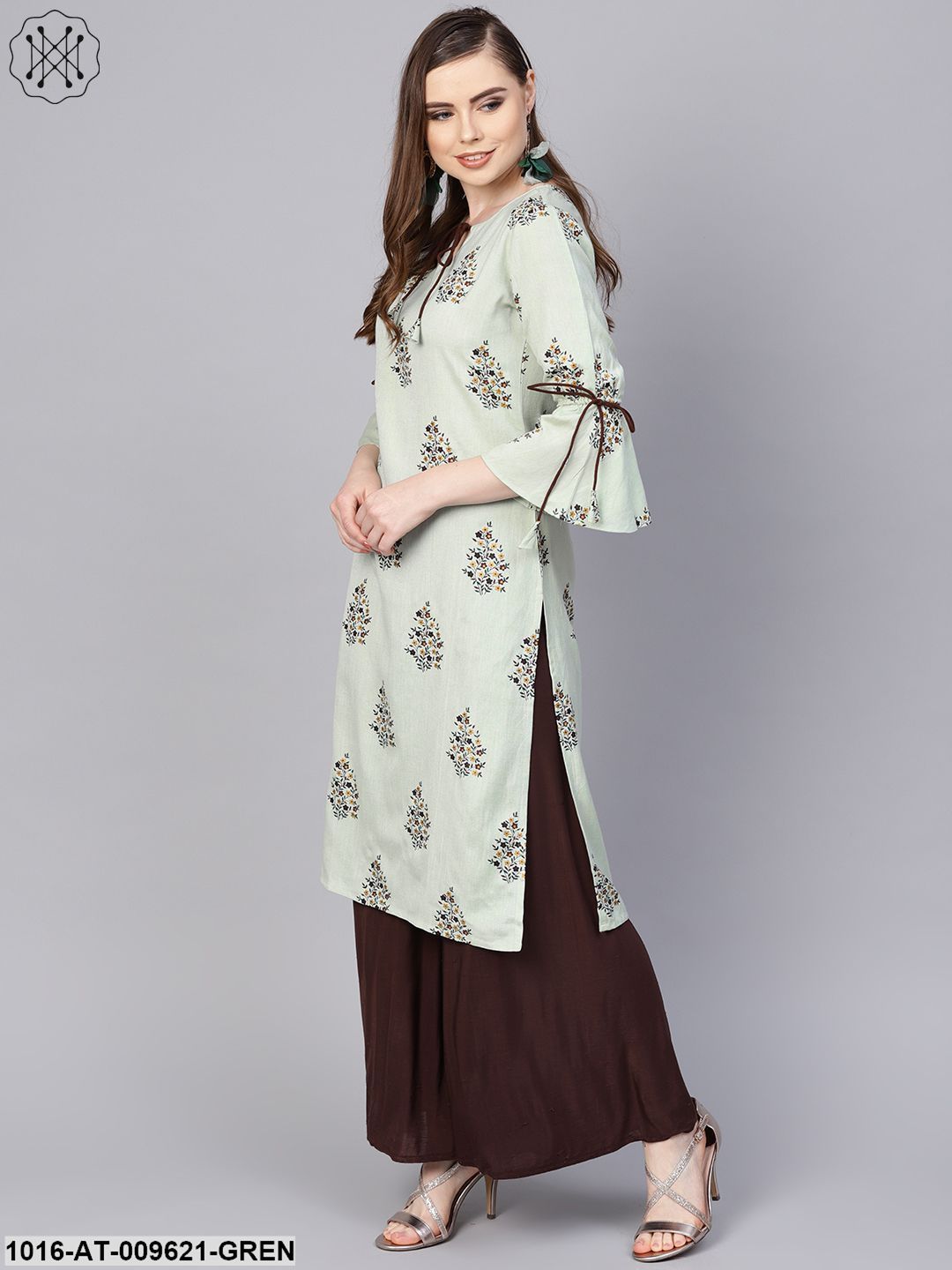 Pista Green Floral Printed Kurta With A Front Keyhole And Flared Sleeves