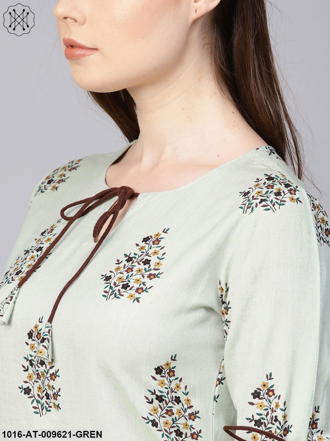 Pista Green Floral Printed Kurta With A Front Keyhole And Flared Sleeves
