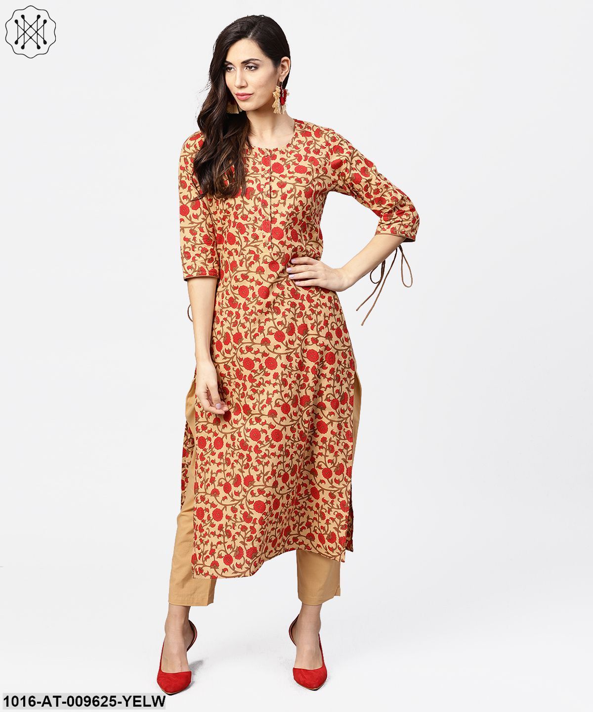 Yellow & Red Printed 3/4Th Sleeve Straight Cotton Kurta