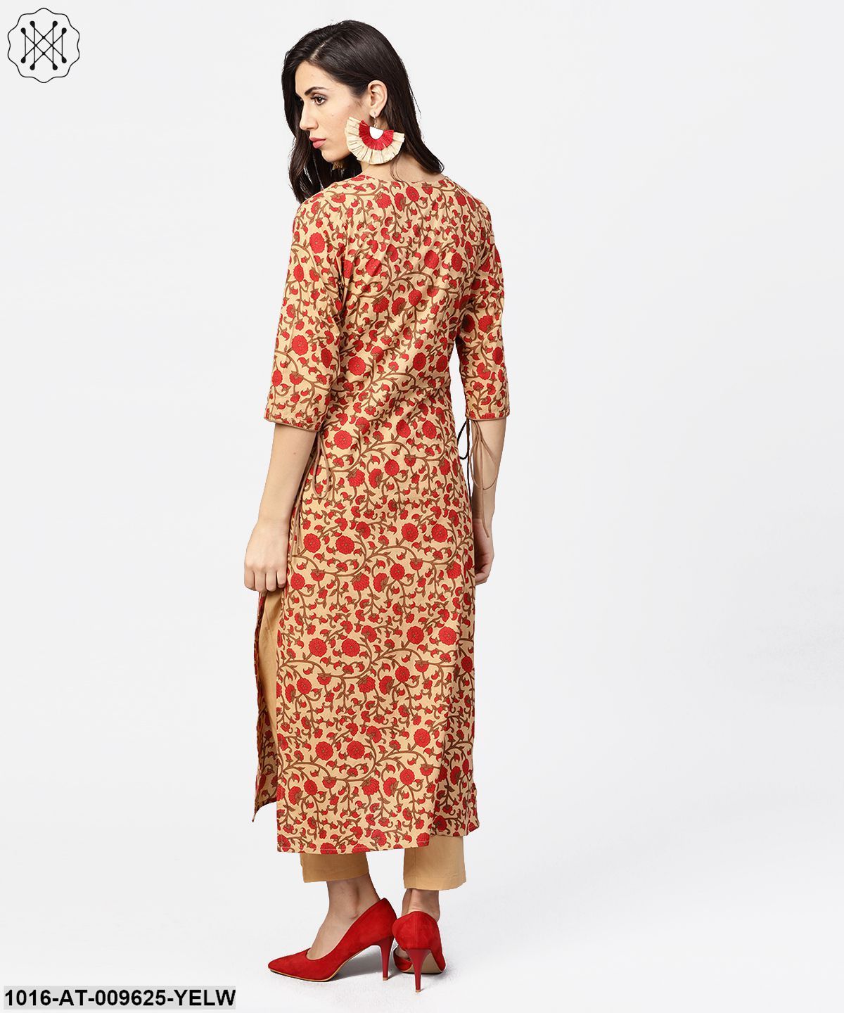 Yellow & Red Printed 3/4Th Sleeve Straight Cotton Kurta