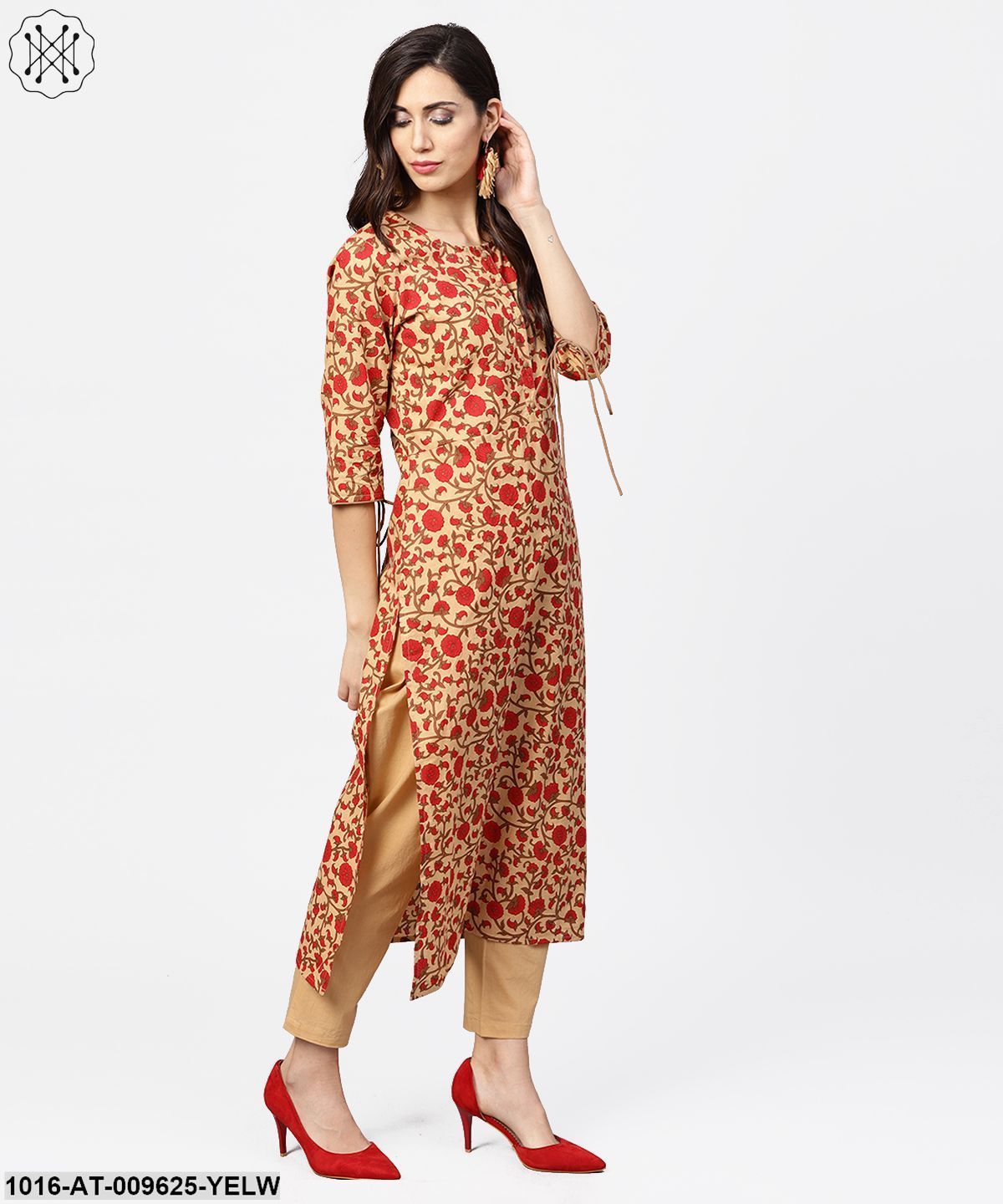 Yellow & Red Printed 3/4Th Sleeve Straight Cotton Kurta