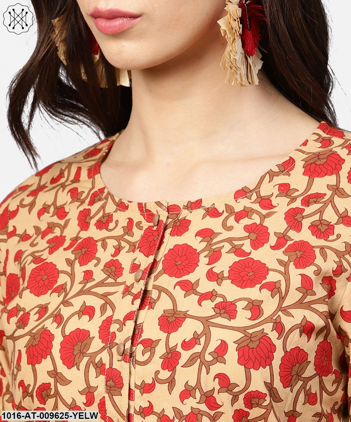 Yellow & Red Printed 3/4Th Sleeve Straight Cotton Kurta