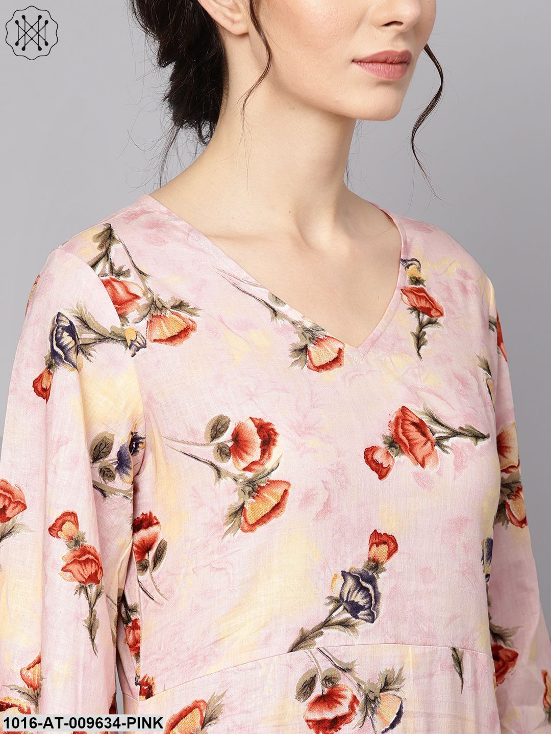 Pastel Pink Floral Printed Kurta With V-Neck & Bell Sleeves