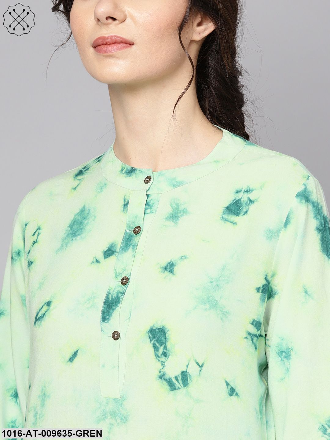 Green Tie & Dye Kurta With Mandarin Collar With Flared Sleeves