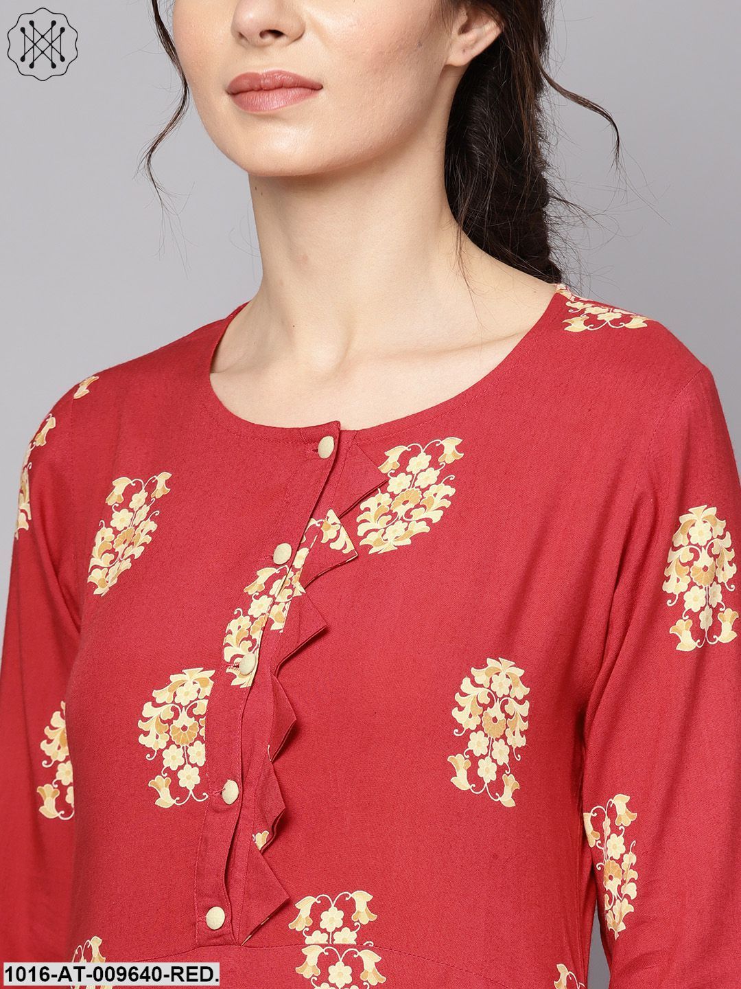 Red Printed Short Sleeve Rayon Straight Kurta