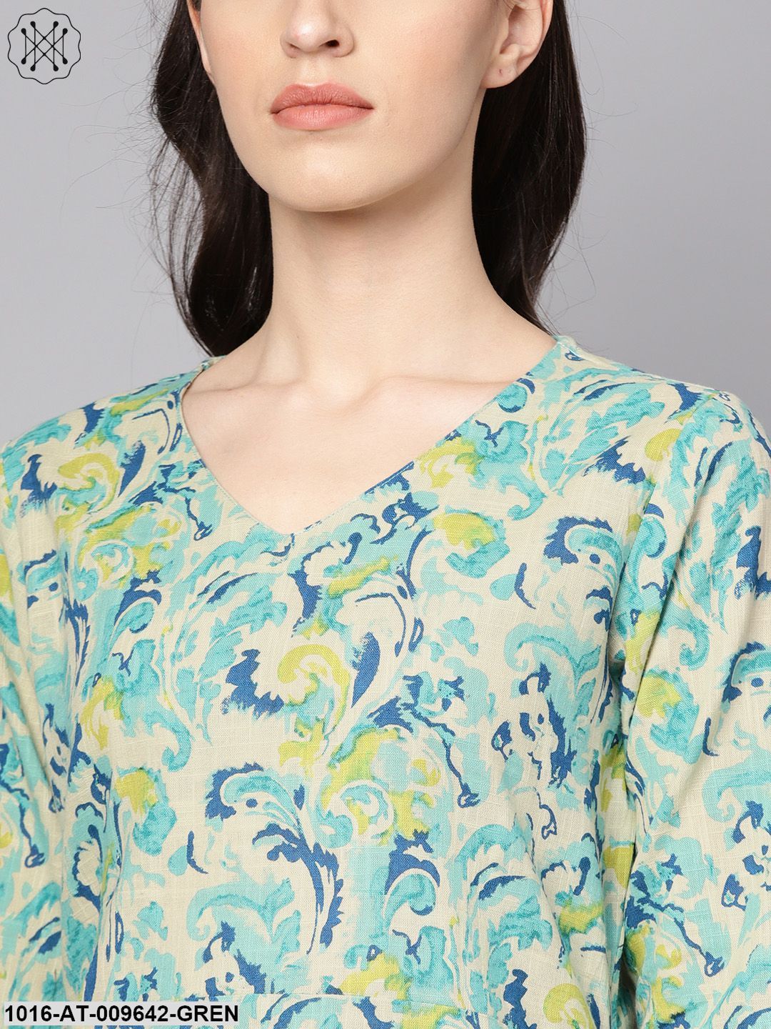 Green Printed 3/4Th Sleeve Cotton Printed Kurta