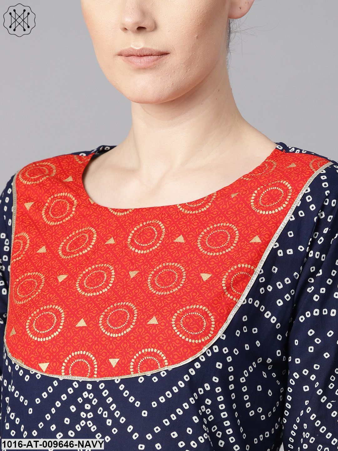 Navy Blue Half Sleeve Bandhni Print Kurta With Front Printed Yoke