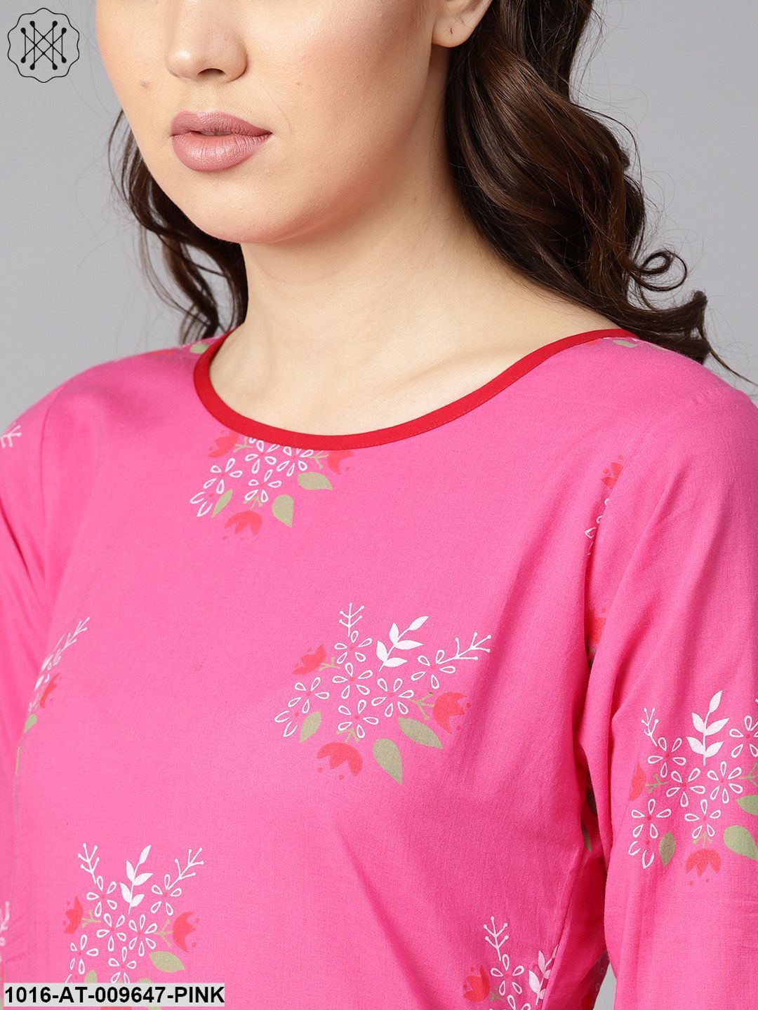 Pink Round Neck Floral Printed Cotton Straight Kurta