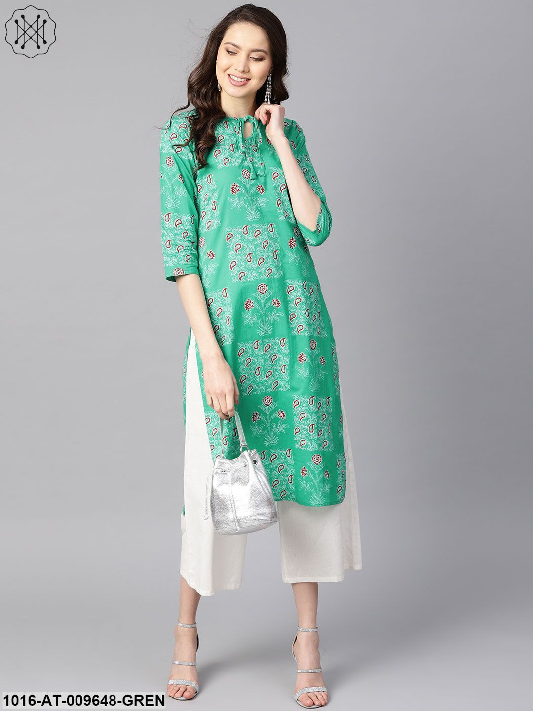 Rama Green Floral Print Round Neck With Keyhole Tassel Kurta