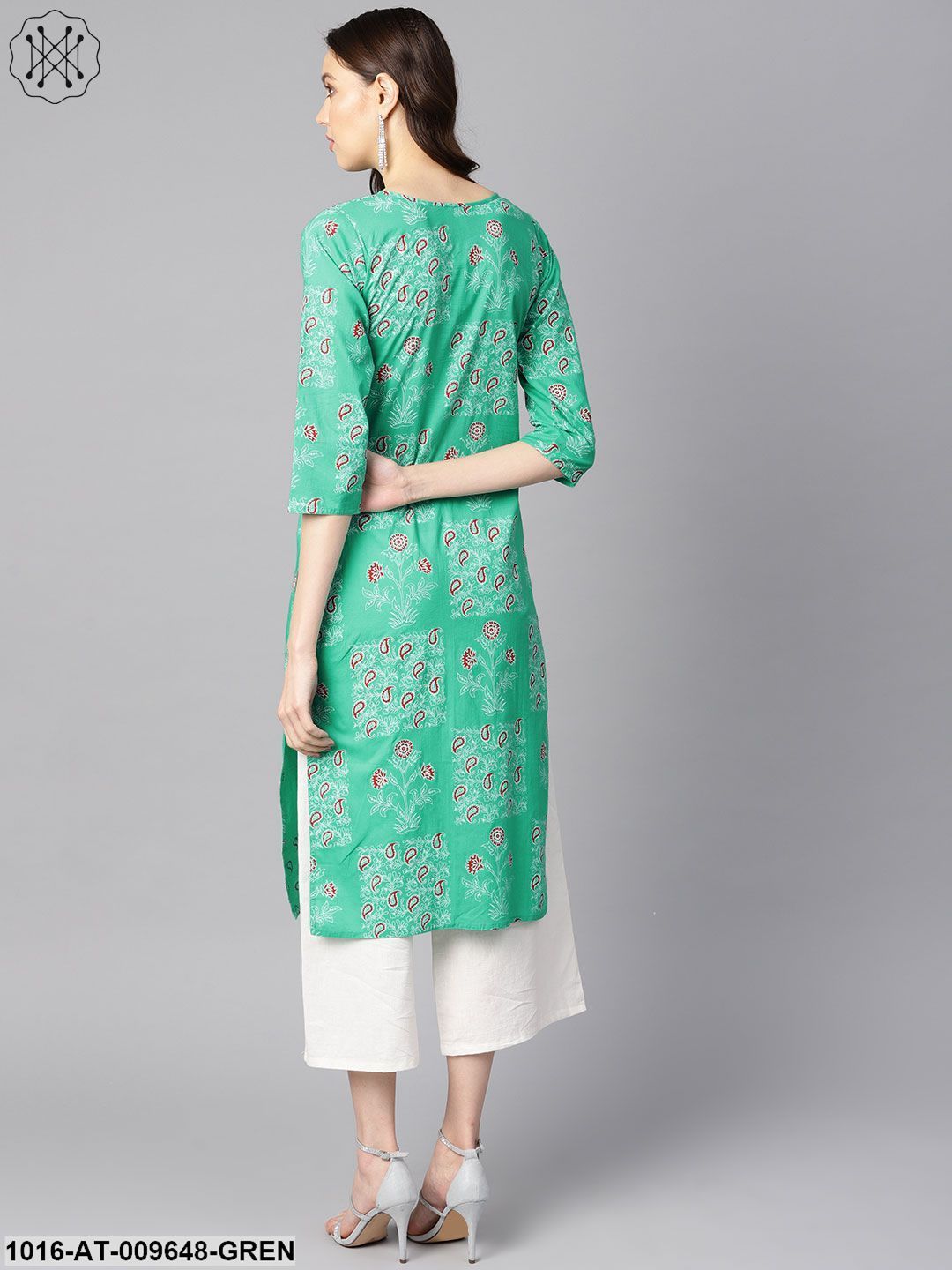 Rama Green Floral Print Round Neck With Keyhole Tassel Kurta