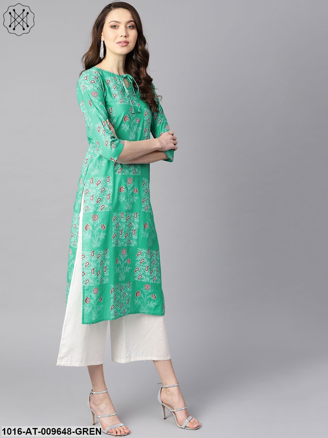 Rama Green Floral Print Round Neck With Keyhole Tassel Kurta
