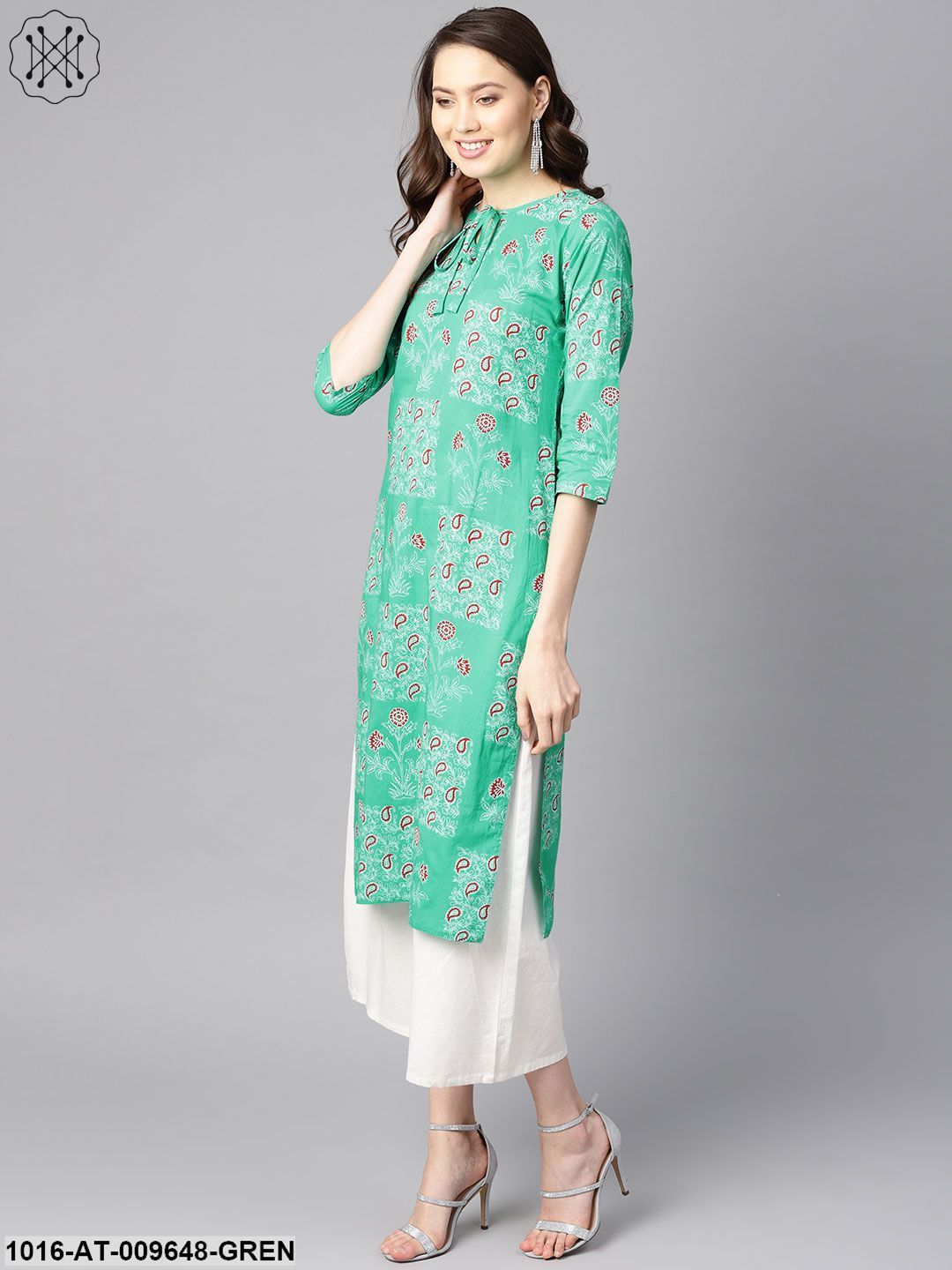 Rama Green Floral Print Round Neck With Keyhole Tassel Kurta