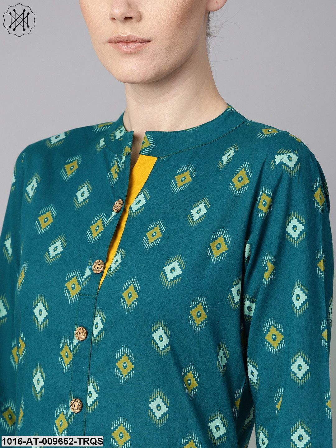 Dark Teal Ikat Printed Kurta With Mandarin Collar & 3/4 Sleeves