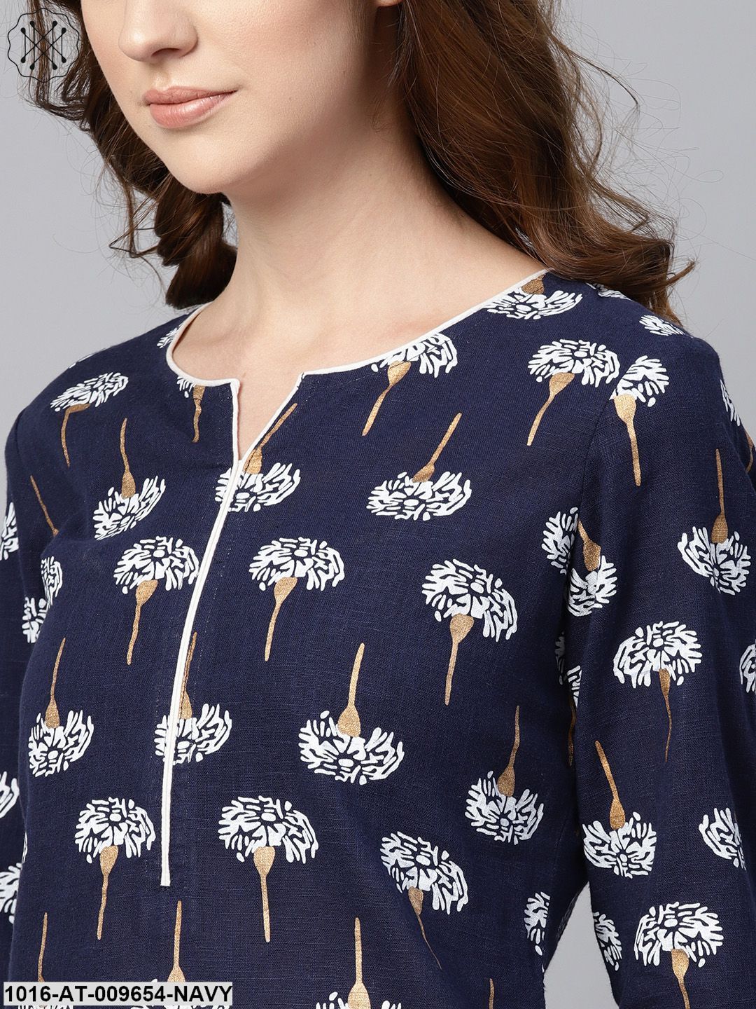 Navy Blue 3/4Th Sleeve Cotton Straight Kurta