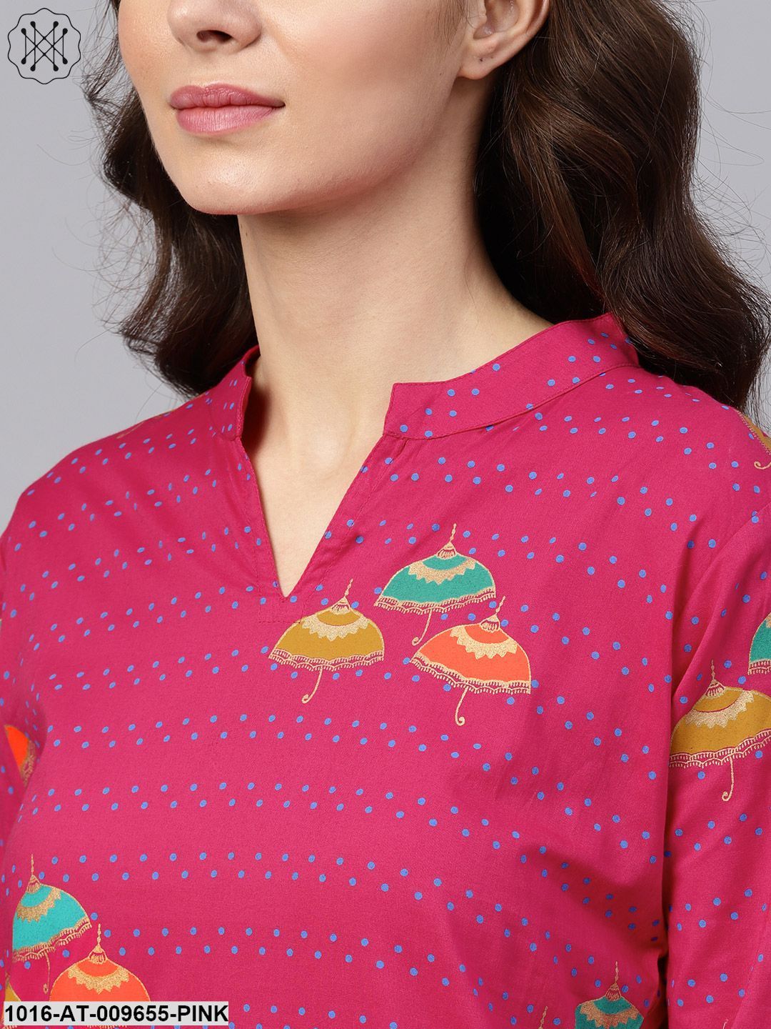 Pink 3/4Th Sleeve Umbrella Printed Cotton Kurta