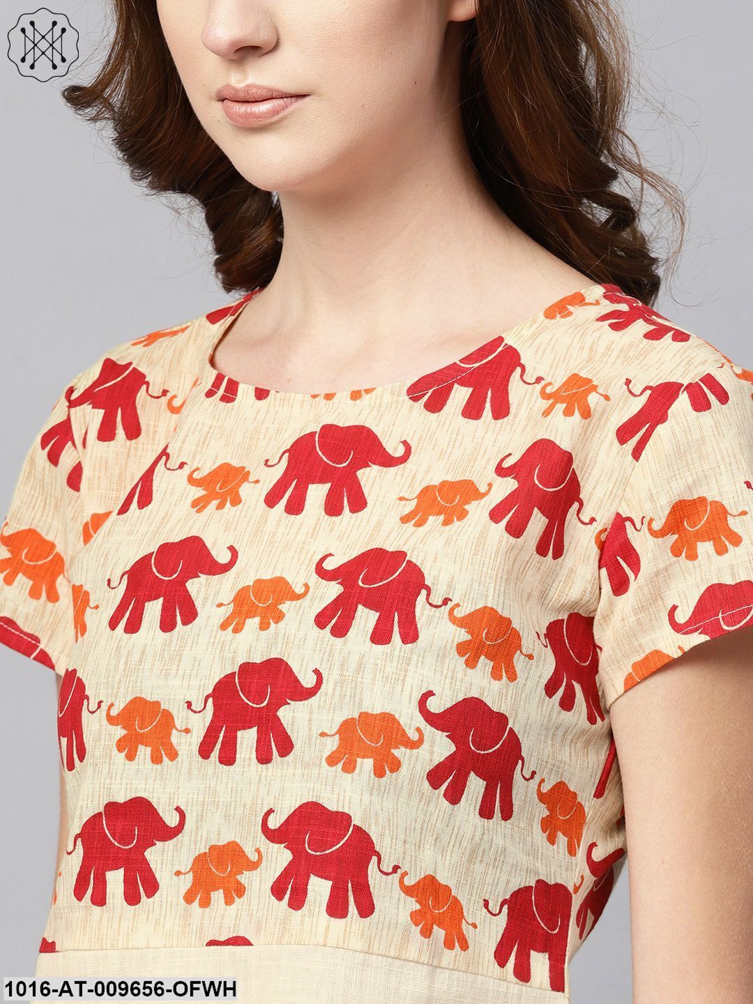 Off White Elephant Printed Cap Sleeve Kurta