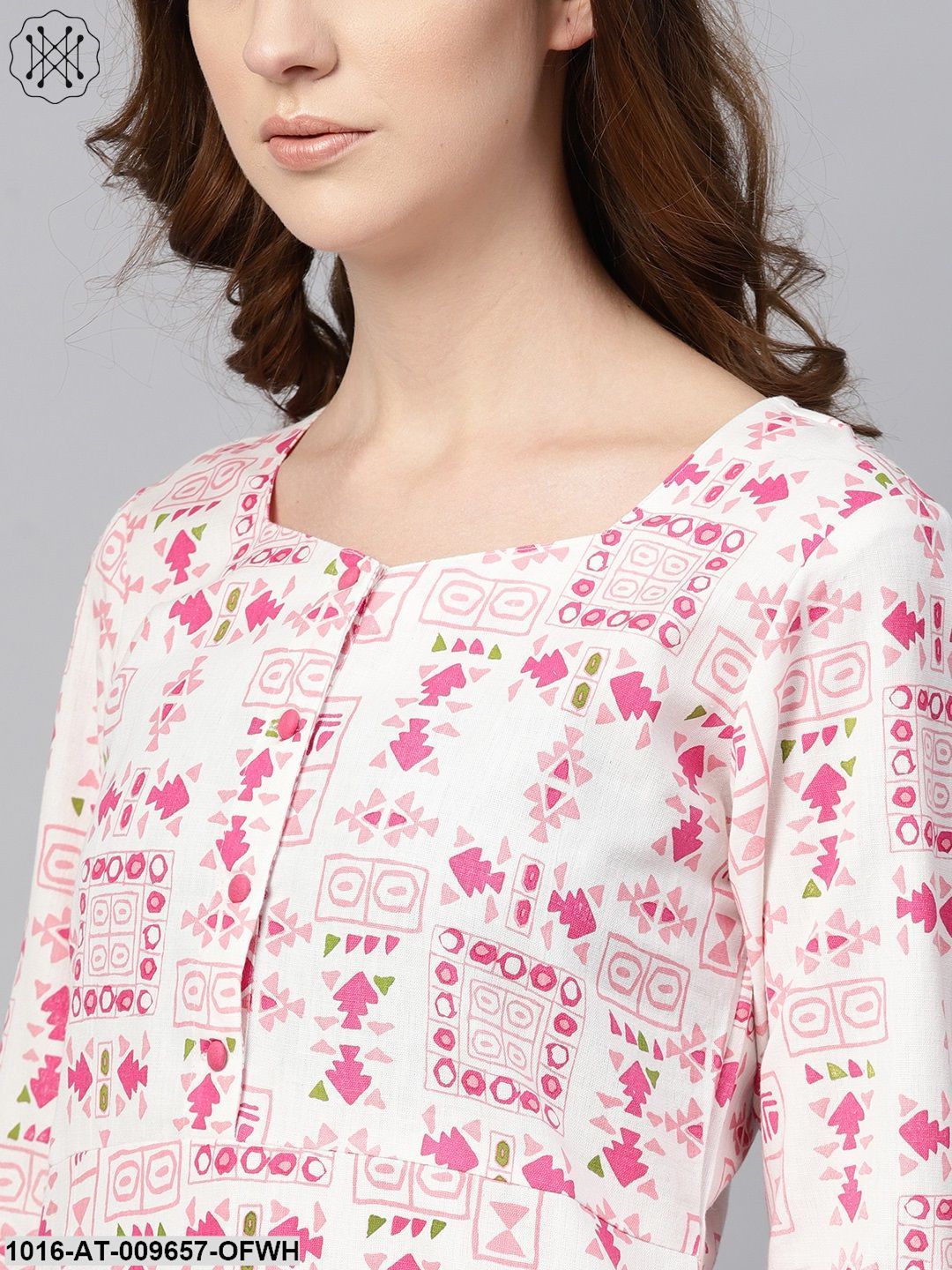 Off White Printed 3/4Th Sleeve Cotton Kurta