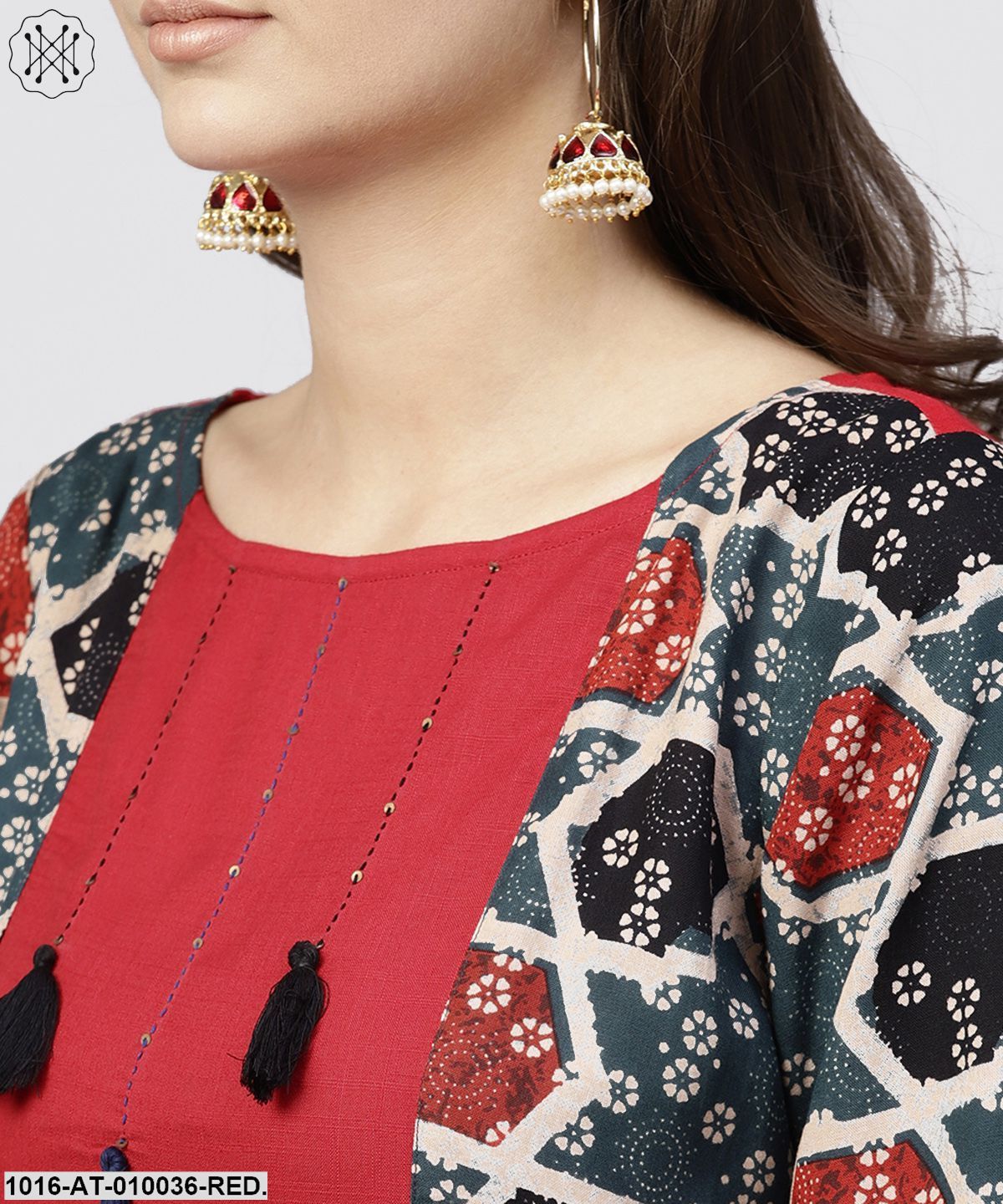 Red Cotton Full Sleeves Kurti With An Attached Jacket And Emblished With Thread Work And Tassel