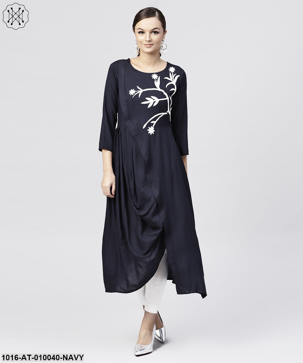 Rayon Navy Blue Cowl Draped Kurta With 3/4 Sleeves