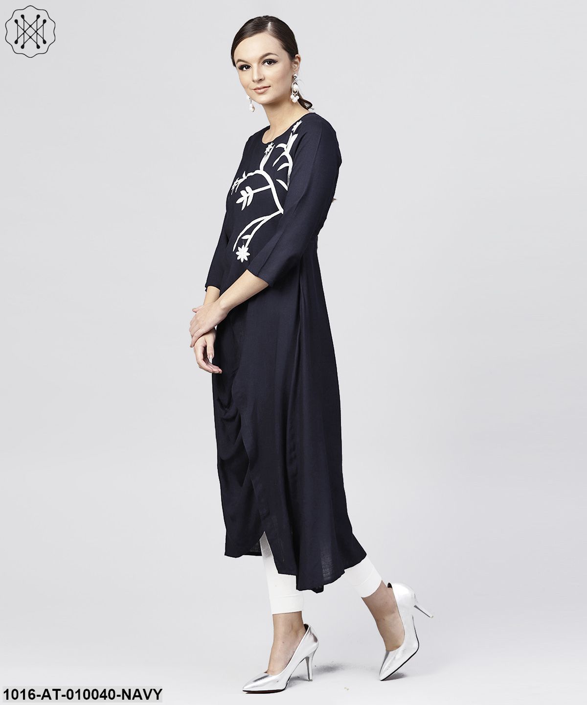 Rayon Navy Blue Cowl Draped Kurta With 3/4 Sleeves