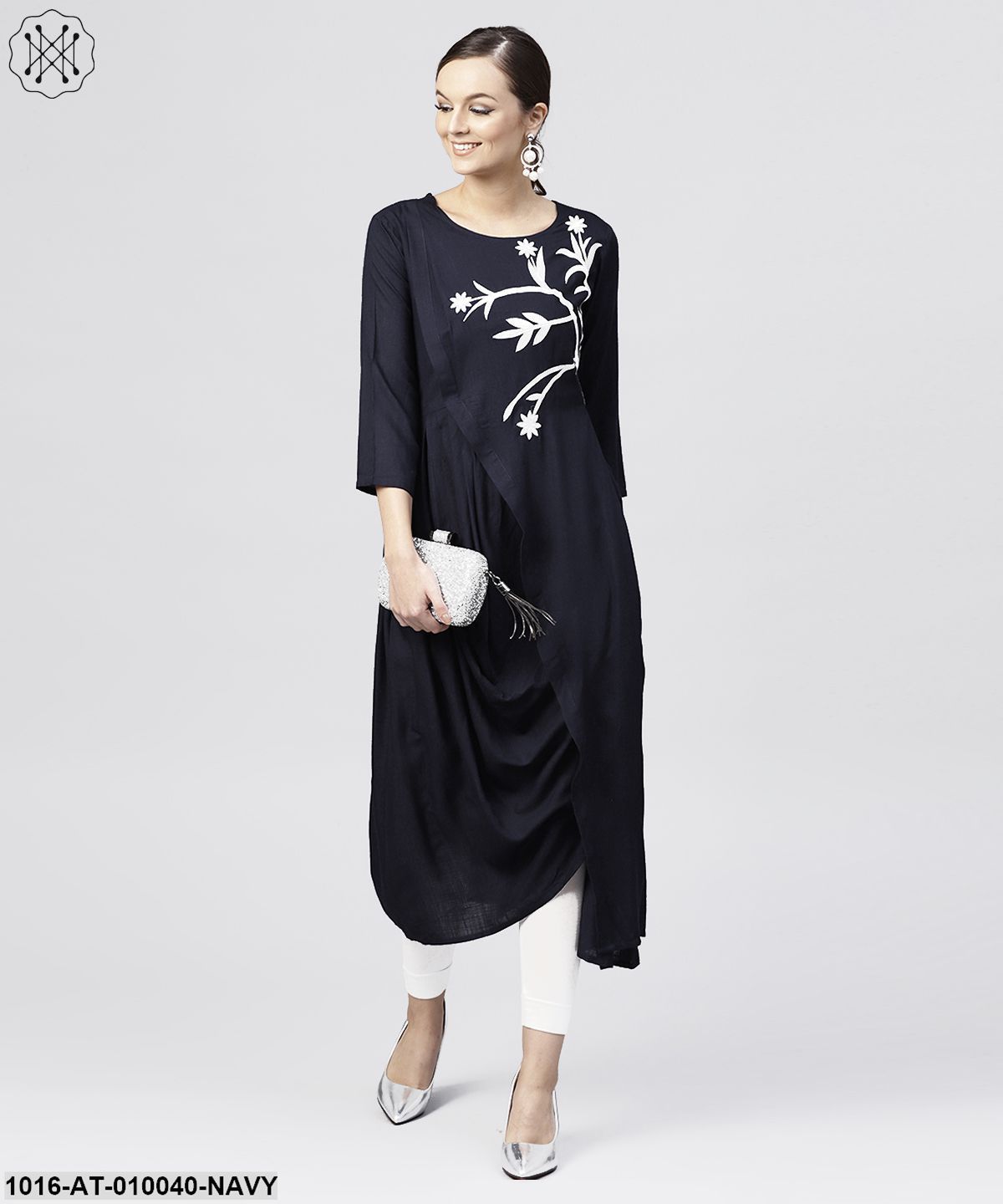 Rayon Navy Blue Cowl Draped Kurta With 3/4 Sleeves