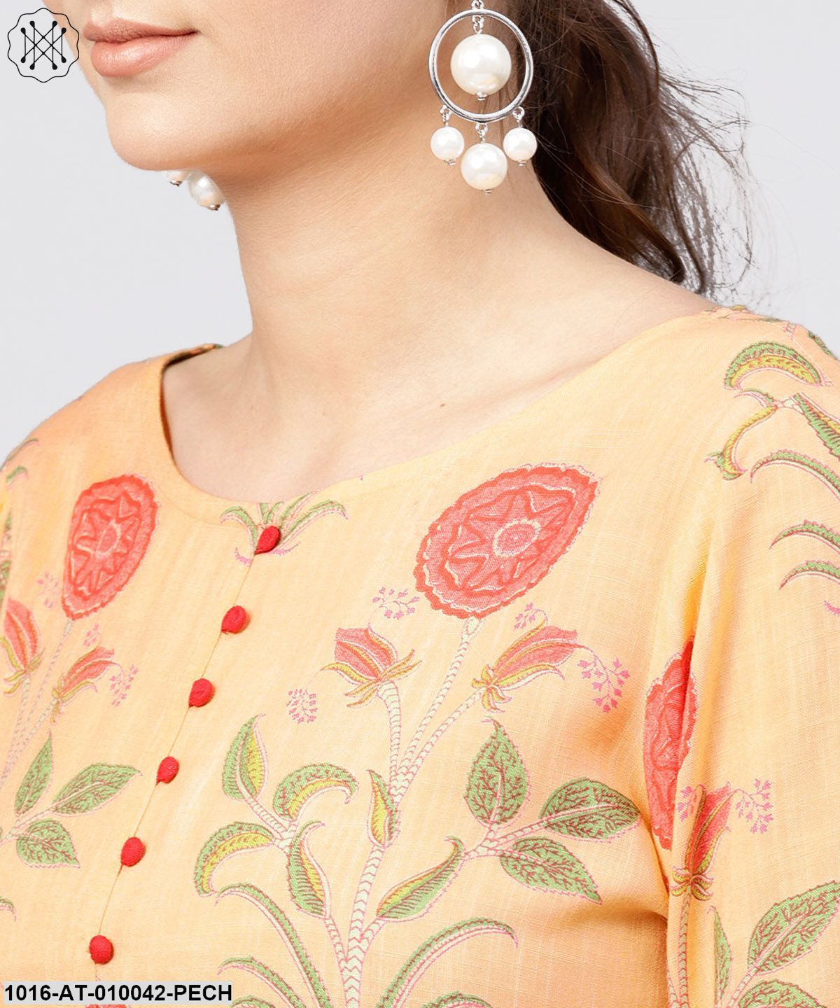 Peach Rayon Calf Length Kurta With Round Neck Front Placket