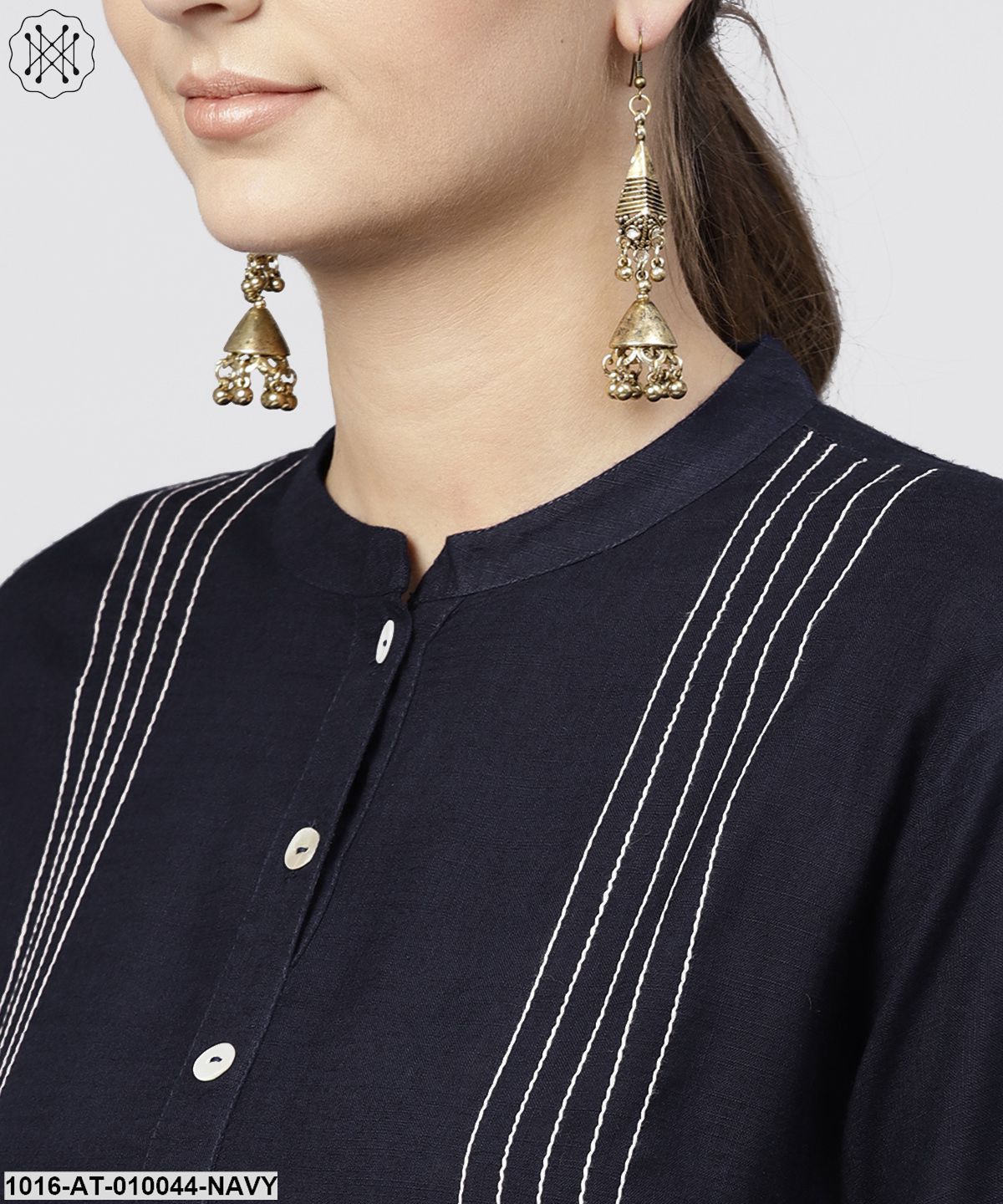 Navy Blue Round Neck Kurta With 3/4 Sleeves And Front Placket
