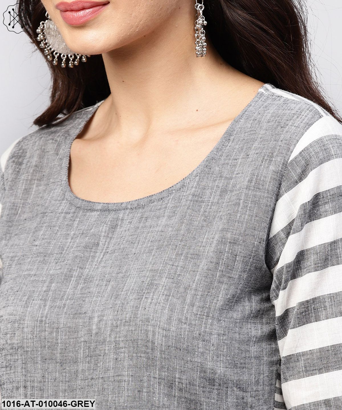 Grey And White Stripes Handloom Calf Length Kurta With Round Neck And Half Sleeves