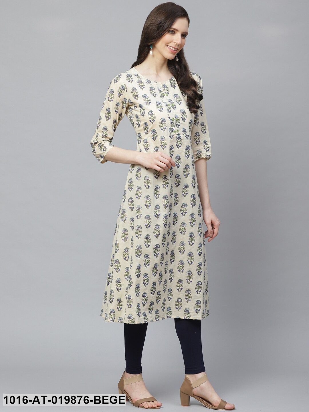 Beige & Blue Printed A-Line Kurta