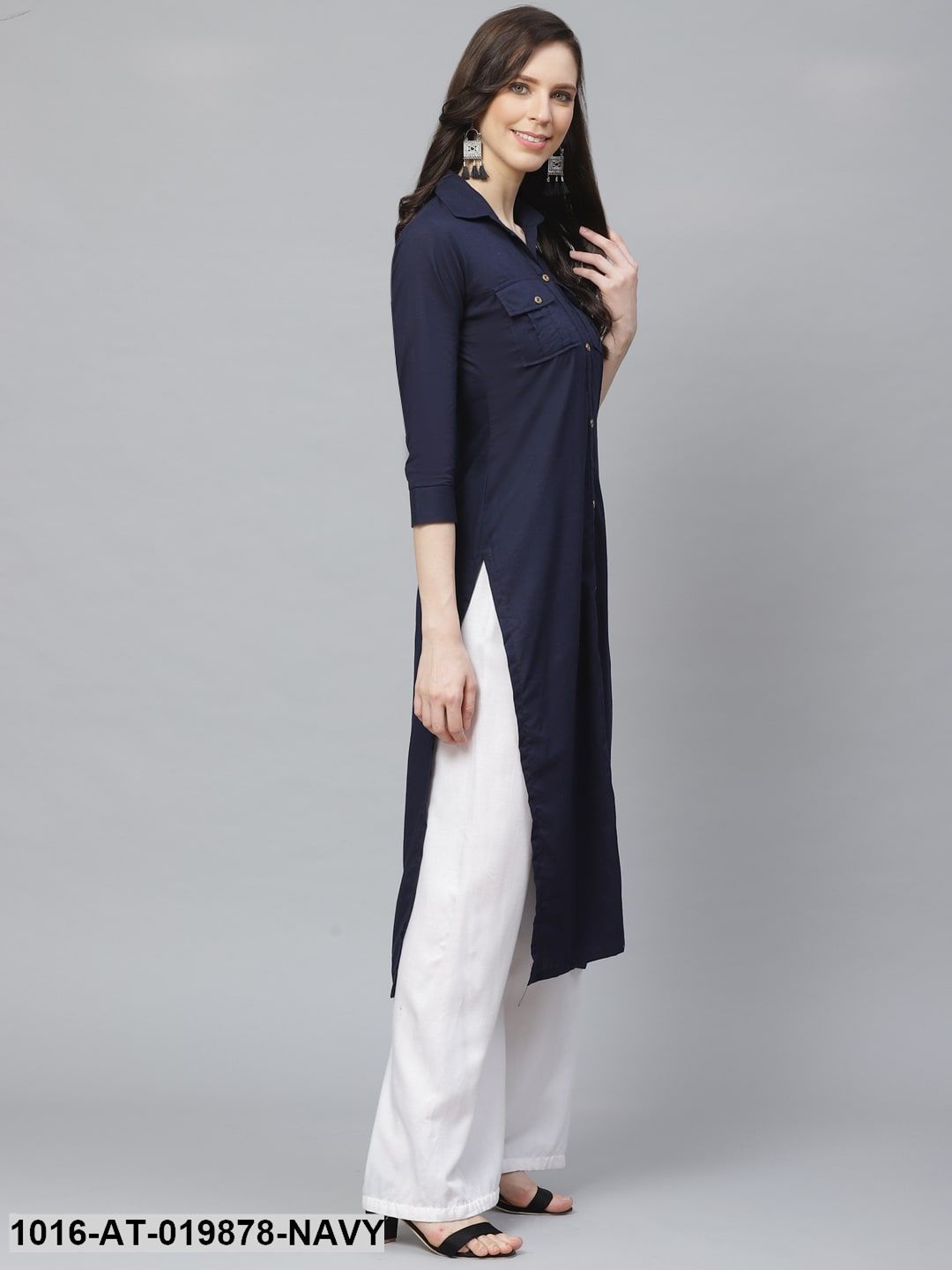 Navy Blue Solid Pathani Kurta